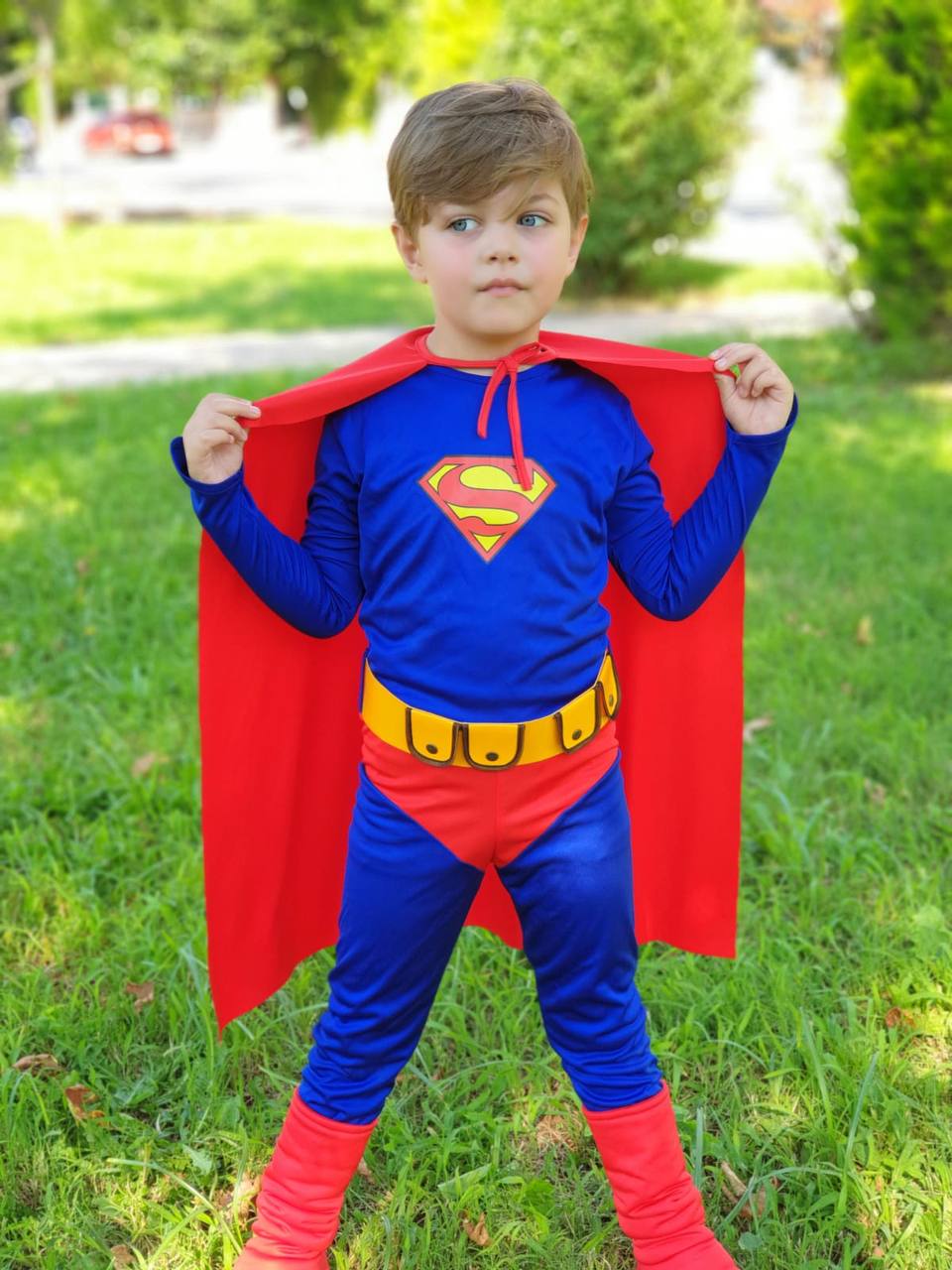 Çocuk Superman Kostümü Kırmızı Pelerinli Süper Kahraman Elbise