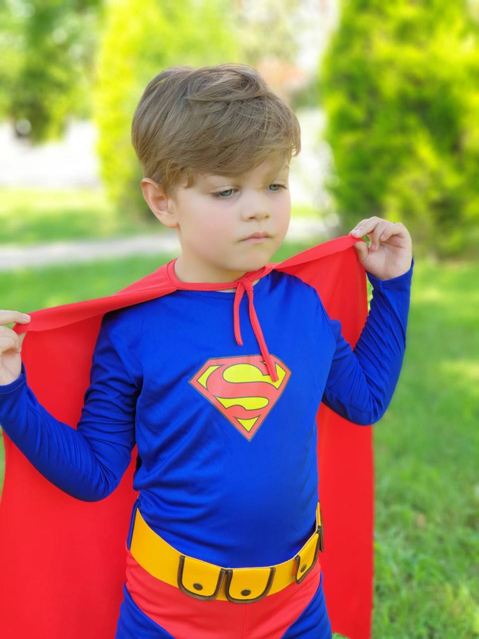 Çocuk Superman Kostümü Kırmızı Pelerinli Süper Kahraman Elbise