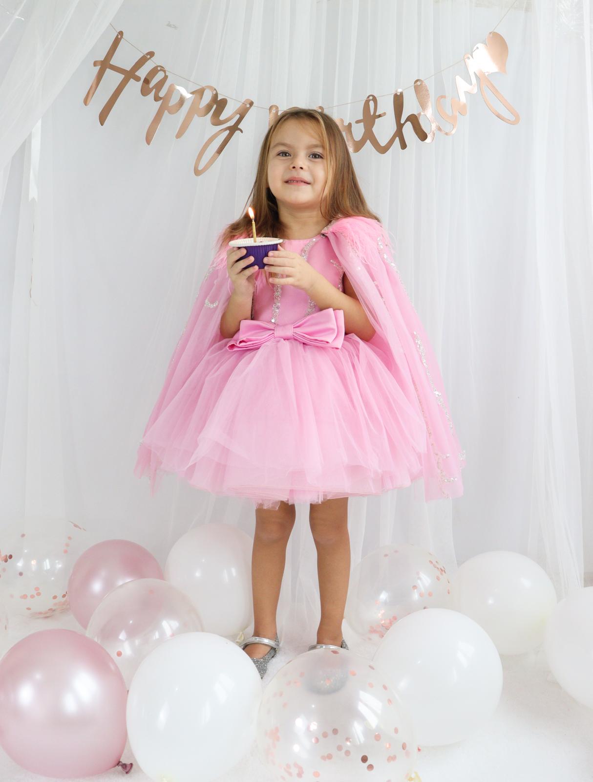 Pembe Tül Payetli Kız Çocuk Abiye 1–10 Yaş Doğum Günü Elbisesi