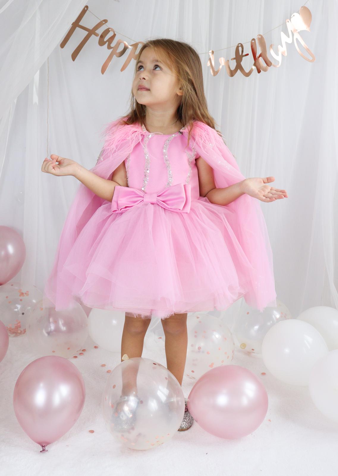 Pembe Tül Payetli Kız Çocuk Abiye 1–10 Yaş Doğum Günü Elbisesi