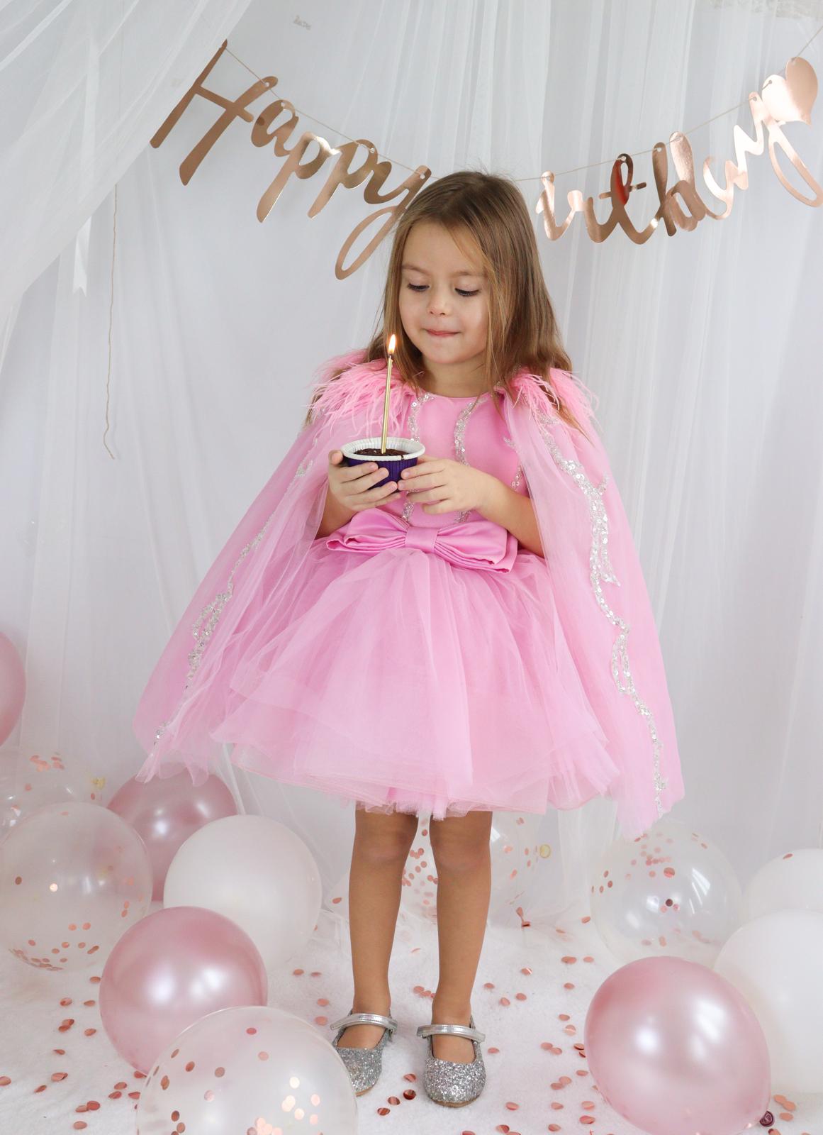 Pembe Tül Payetli Kız Çocuk Abiye 1–10 Yaş Doğum Günü Elbisesi