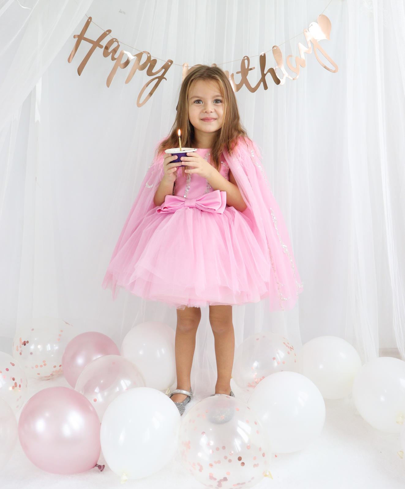 Pembe Tül Payetli Kız Çocuk Abiye 1–10 Yaş Doğum Günü Elbisesi