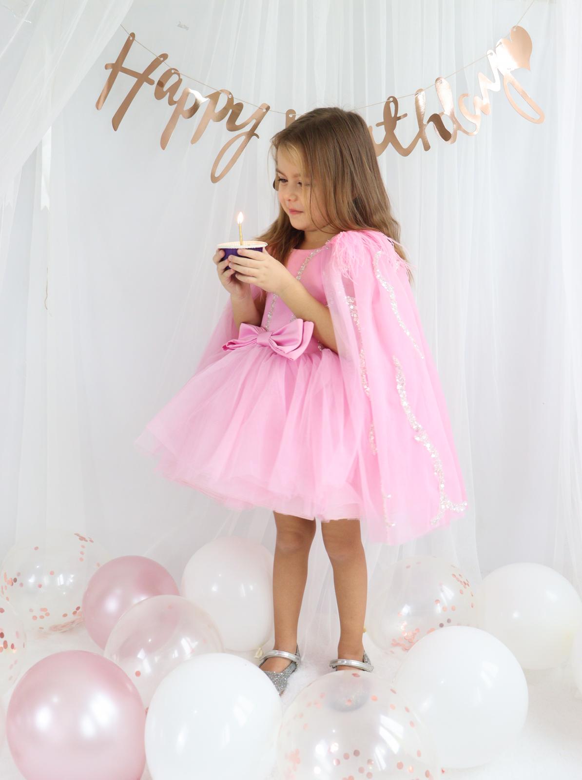 Pembe Tül Payetli Kız Çocuk Abiye 1–10 Yaş Doğum Günü Elbisesi
