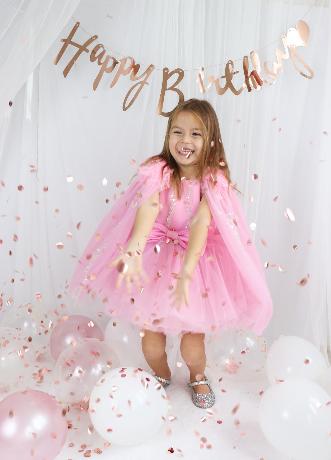 Pembe Tül Payetli Kız Çocuk Abiye 1–10 Yaş Doğum Günü Elbisesi