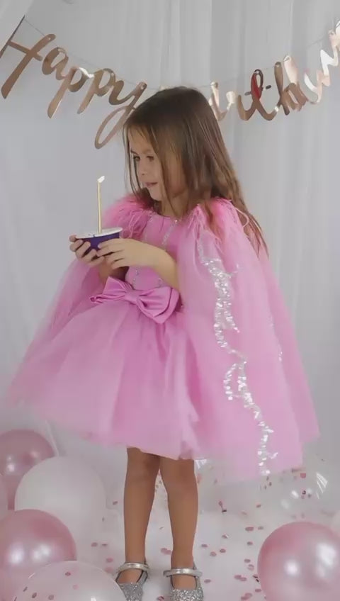 Pembe Tül Payetli Kız Çocuk Abiye 1–10 Yaş Doğum Günü Elbisesi